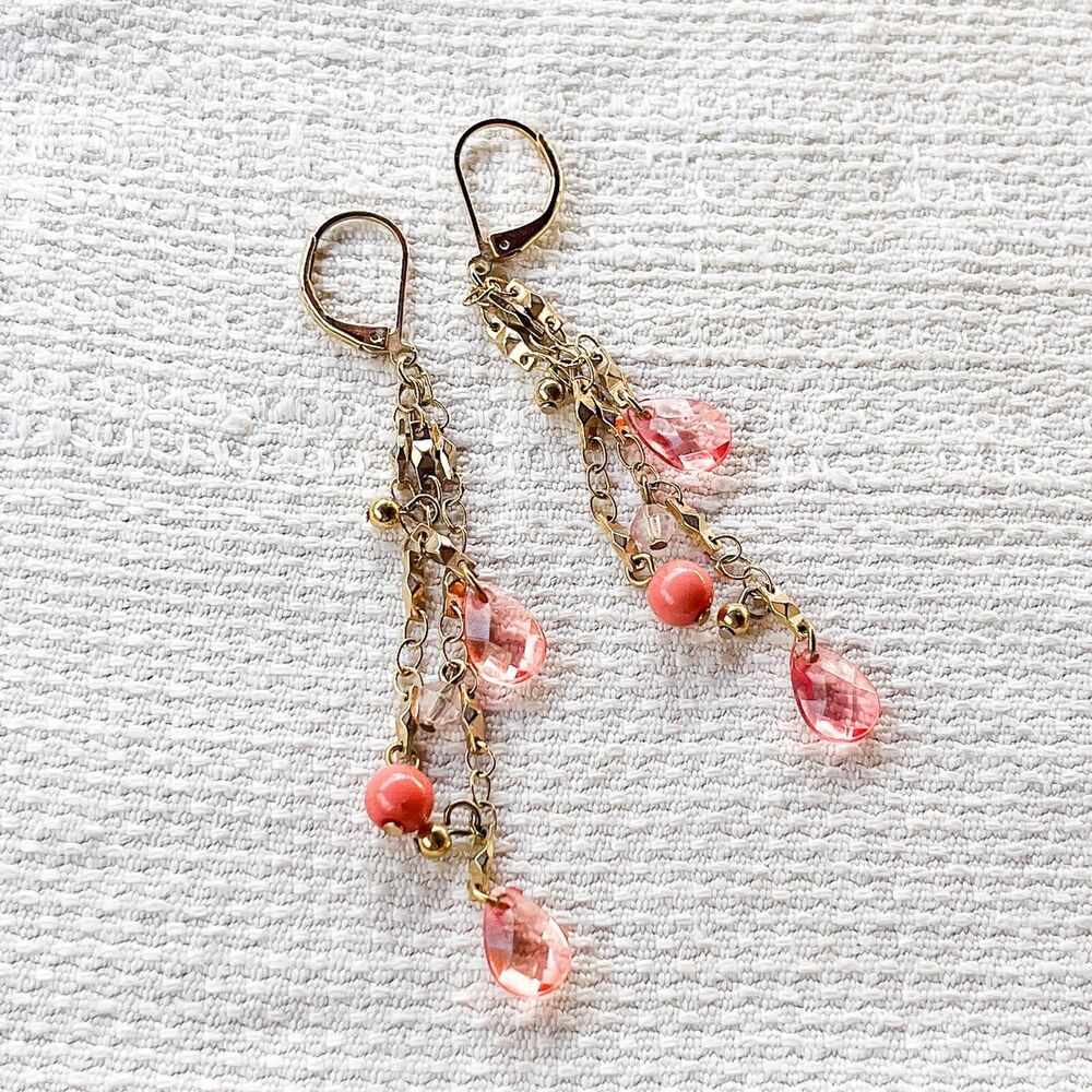 Vintage Pink Crystal Beaded Dangle Earrings Gold Tone Leverback Statement Drop
